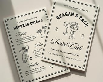 Bach Social Club Invitation Template: Classy Theme Bachelorette Party Weekend Itinerary (Canva Digital Invite Design)
