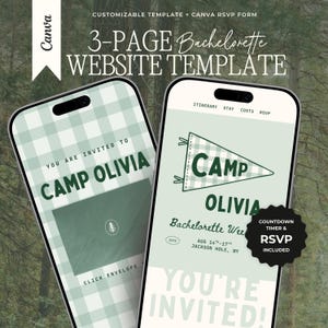 Website-Vorlage für Junggesellinnenabschiede im Campingstil mit RSVP-Funktion: Bearbeitbare Einladung und Reiseplanung für die Camping-Flagge (Canva-Website-Design)