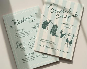 Coastal Cowgirl Bachelorette Invitation Template: Beach Bach Party Itinerary (Canva Digital Invite Design)
