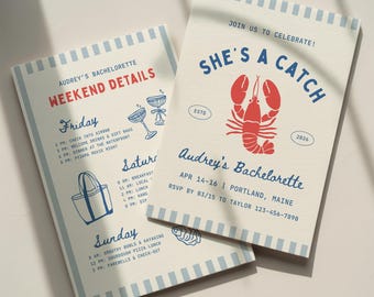 She's A Catch Bachelorette Invitation Template: Last Toast on the Coast Lobster Itinerary (Canva Digital Invite Design)