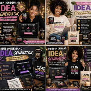 Puede incluir: Imagen promocional de "Idea Generator" con una mujer con una computadora portátil, tazas, bolsos de mano y cuadernos. La imagen incluye texto como "Endless Merch Ideas" e "Ideas That Inspire Designs That Sell."