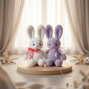 Könnte beinhalten: Zwei gehäkelte Hasen, einer weiß und einer lavendelfarben, sitzen auf einer runden Holzplattform. Der weiße Hase hat ein rotes Band, und der lavendelfarbene Hase hat ein lavendelfarbenes Band. Beide haben lange Ohren und gestickte Gesichtsmerkmale.