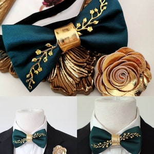 Emerald teal green satin mens tuxedo bow tie emerald green bowties men gold boutonniere lapel flower petrol wedding groom gift set groomsmen