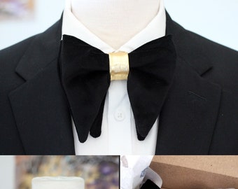 Big Black velvet butterfly bow tie lapel pin set, black oversized bowties for men bowtie, wedding groom bow tie groomsmen gift set boys prom