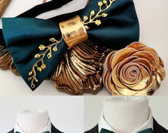 Emerald teal green satin mens tuxedo bow tie emerald green bowties men gold boutonniere lapel flower petrol wedding groom gift set groomsmen