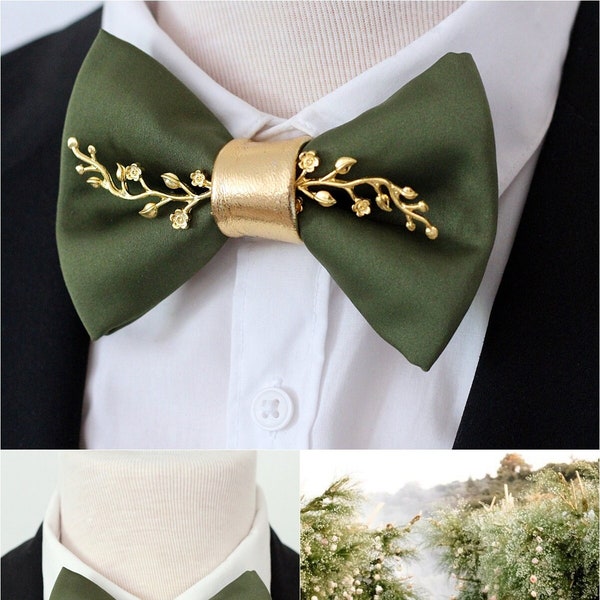 Olive green satin bow tie, green gold formal bowties for men, hunters green wedding groom bowtie groomsmen gift boys prom suit, gold accents