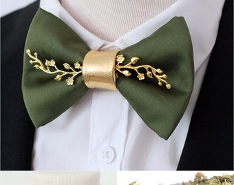 Olive green satin bow tie, green gold formal bowties for men, hunters green wedding groom bowtie groomsmen gift boys prom suit, gold accents