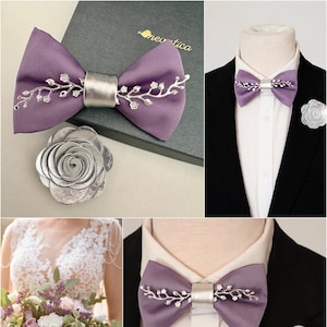 Lavender satin bow tie, lavender silver wedding mens bow tie set, prom boys mens, silver branch, silver boutonniere set, lapel flower rose