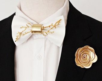 White bow tie lapel pin set, wedding, groom satin bowtie groomsmen attire, white silk boutonniere Crystal bow tie, gold Rhinestones bow tie