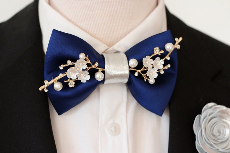 Navy blue satin mens floral bowtie boys prom bow tie wedding groomsmen bowtie gift set silver boutonniere rose flower pin rhinestones branch image 2