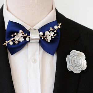 Navy blue satin mens floral bowtie boys prom bow tie wedding groomsmen bowtie gift set silver boutonniere rose flower pin rhinestones branch image 3