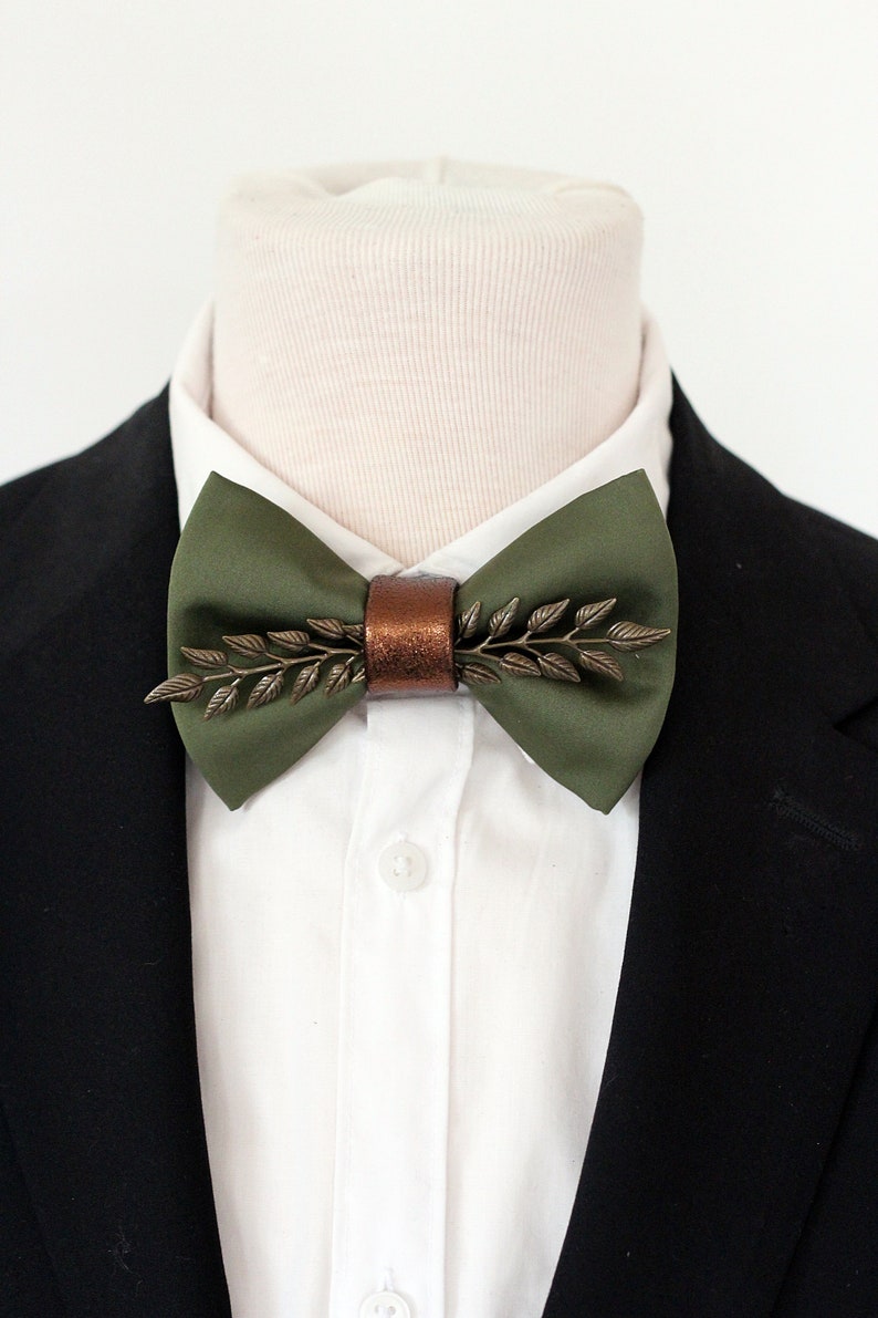 Hunters green satin mens tuxedo bow tie, hunters green rust brown formal bowties men, copper forrest wedding groom bowtie groomsmen gift set image 2