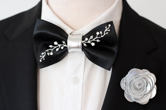 Black Bow Tie, Silver Vine Men's Elegant Satin Bow Tie for Men