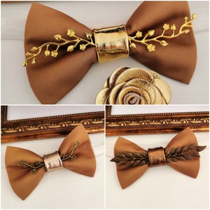 Rust copper satin mens bow tie lapel flower set, light brown, gold bowties men, rust brown boutonniere fall prom boys groomsmen suit