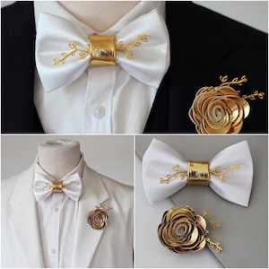 White bow tie lapel pin set, wedding, groom satin bowtie groomsmen attire, gold boutonniere rose flower, bow tie, gold Rhinestones bow tie