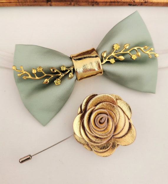 Rose gold lapel flower pin, boutonniere, rose gold genuine leather necktie  - Nevestica shop