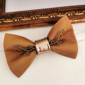 Terracotta brown copper satin mens bow tie lapel flower set, light brown, gold bowties, rust brown boutonniere fall prom boys groomsmen suit