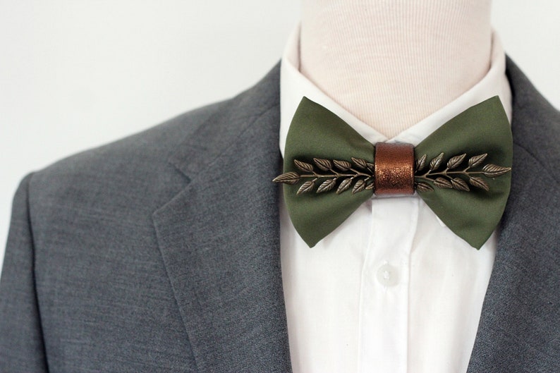 Hunters green satin mens tuxedo bow tie, hunters green rust brown formal bowties men, copper forrest wedding groom bowtie groomsmen gift set image 3