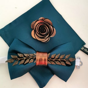 Emerald green satin bowtie 3 set green copper bowties lapel pin pocket square set men hunters green wedding groom bowtie groomsmen gift boys