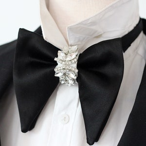 Black satin oversized butterfly style bow tie with crystals, black satin bowties for men, formal tuxedo wedding groom bowtie groomsmen prom