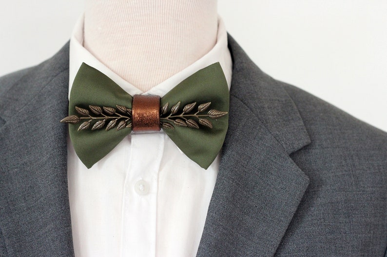 Hunters green satin mens tuxedo bow tie, hunters green rust brown formal bowties men, copper forrest wedding groom bowtie groomsmen gift set image 4