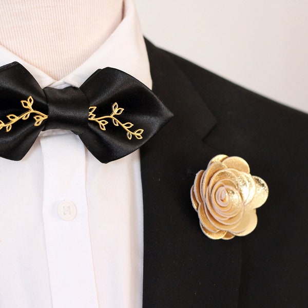 Black and gold small pointed satin bow tie, formal black bow ties for men bowtie, wedding groom bowtie groomsmen attire gold