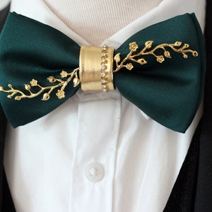 Emerald green satin mens tuxedo bow tie, emerald green bowties men, gold boutonniere lapel flower teal wedding, groom gift set, groomsmen