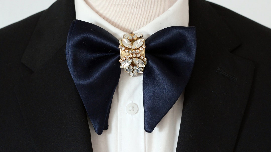 Navy Blue Satin Butterfly Bow Tie, Big Navy Blue Oversized Bowties Set
