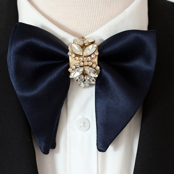 Navy blue satin butterfly bow tie, big navy blue oversized bowties set for men bowtie, wedding, groom suit groomsmen attire rhinestones