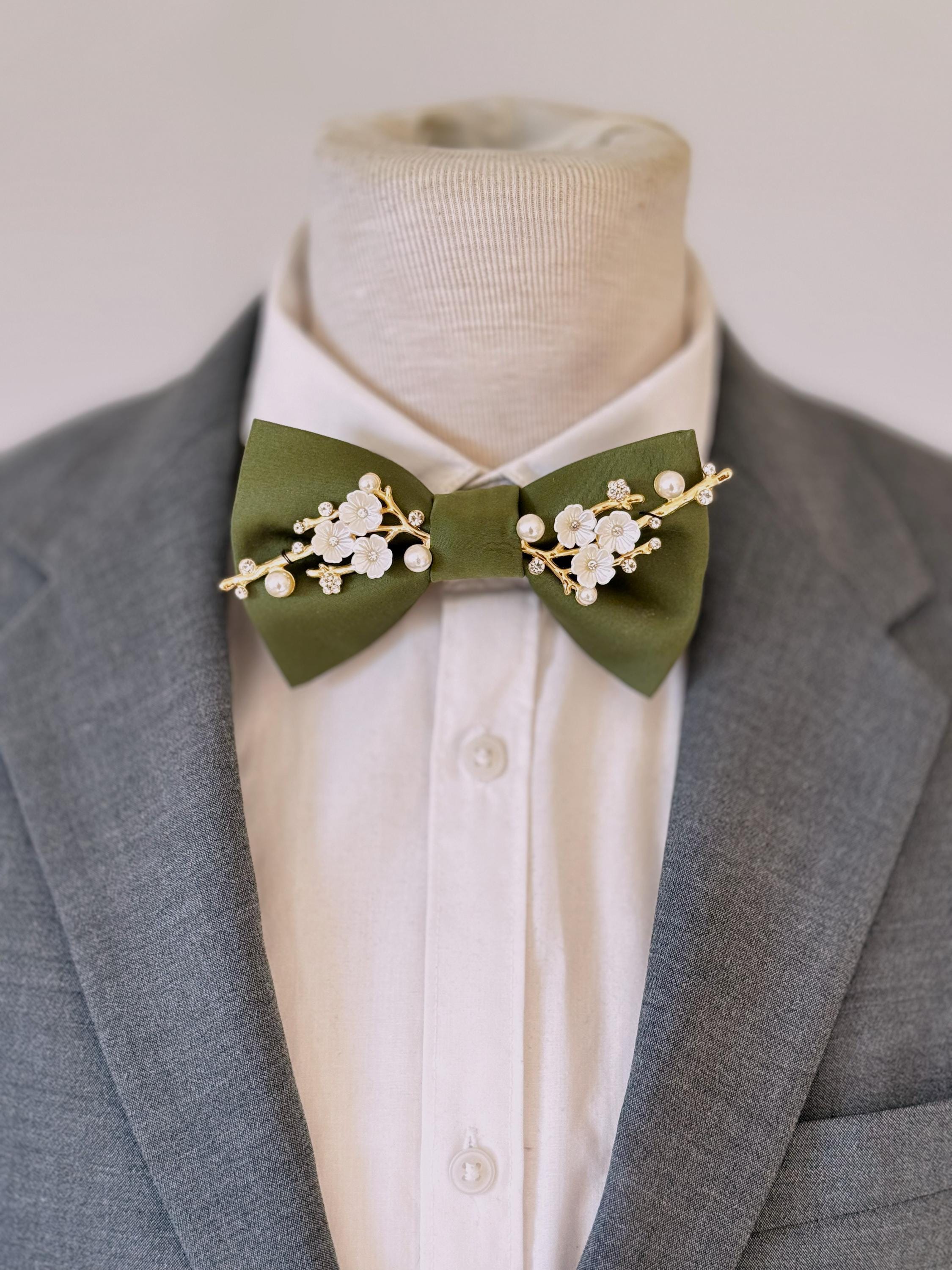 Olive Green Silk Satin Bowtie Floral Branch, Green Gold Formal Bowties ...