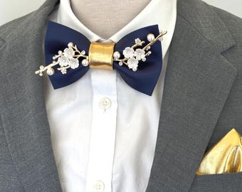 Dark Navy blue bow tie with gold boutonniere, gold pocket square set, satin bowties for men, groomsmen wedding bow tie, rhinestone bowtie