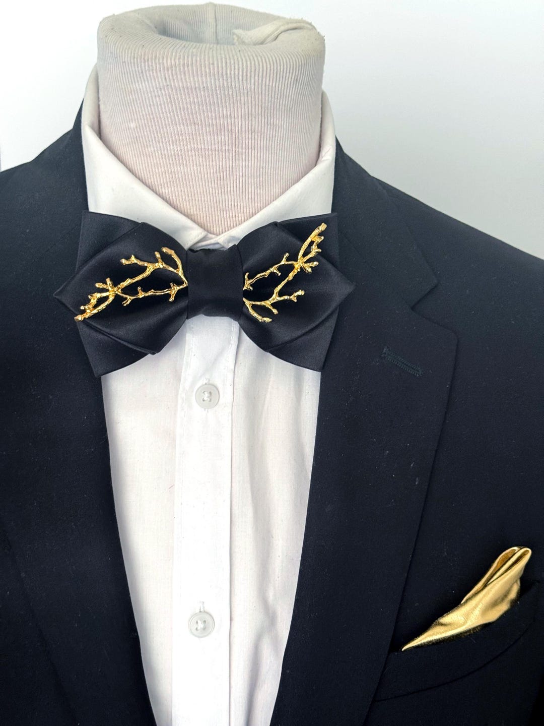 Black Silk Satin Butterfly Pointy Bow Tie With Gold Branch, Formal ...