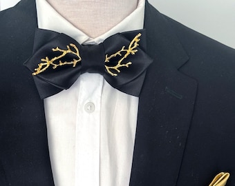 Black silk satin butterfly pointy bow tie with gold branch, formal black bowties for men bowtie, wedding groom bowtie groomsmen, prom boys