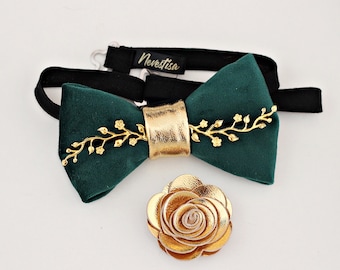Hunters green velvet mens tuxedo bow tie, emerald green bowties men, gold boutonniere, forest green wedding, groom gift set, groomsmen