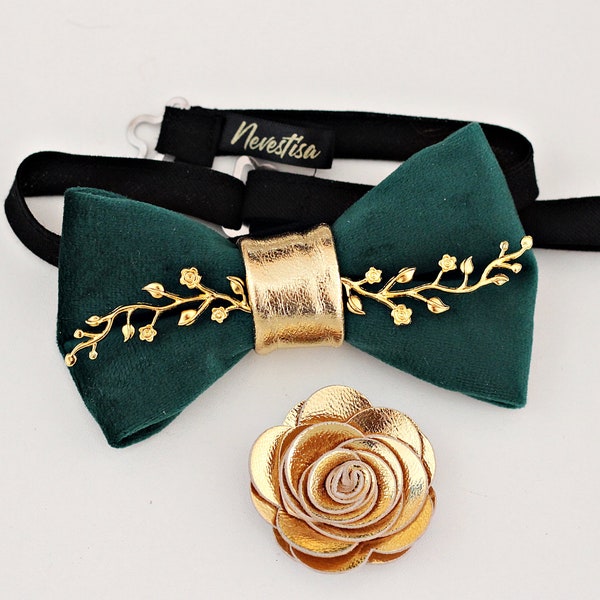 Hunters green velvet mens tuxedo bow tie, emerald green bowties men, gold boutonniere, forest green wedding, groom gift set, groomsmen