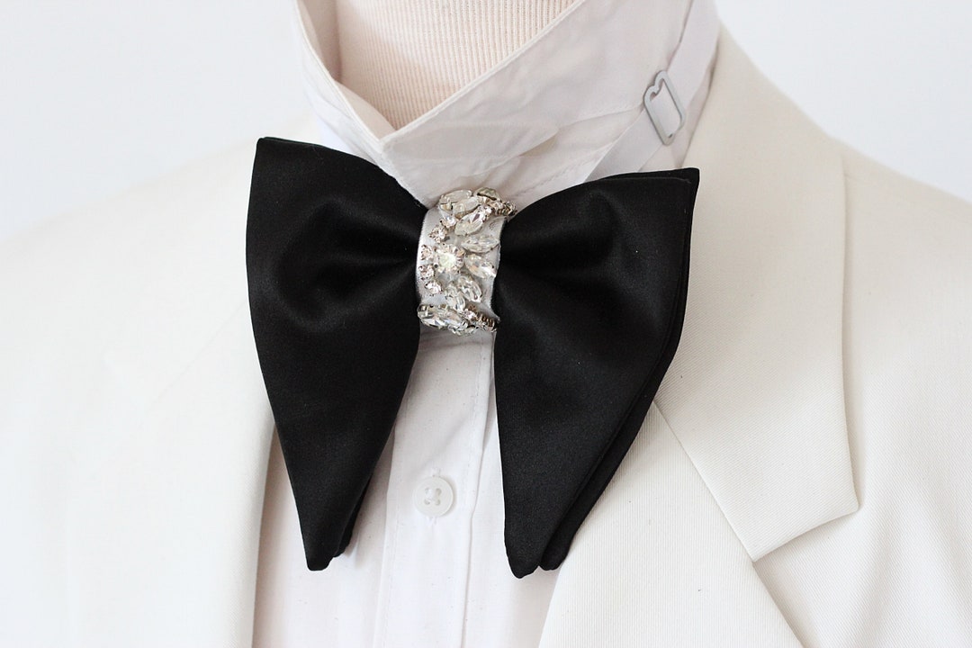 Black Satin Oversized Butterfly Style Bow Tie Crystals, Black Satin ...