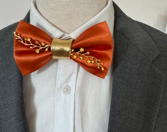 Burnt orange satin mens bow tie lapel flower set, light brown, gold bowties men, rust orange boutonniere fall prom boys groomsmen suit