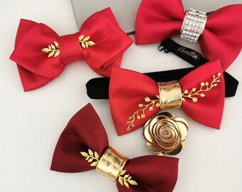 NEUES DESIGN Herren Burgunderrot Fliege für Anzug Gold Zweig, Fliege rot Fliege Set, Trauzeugen, Jungen Boutonniere, Weinrot Kastanienbraun Set, Geschenkset