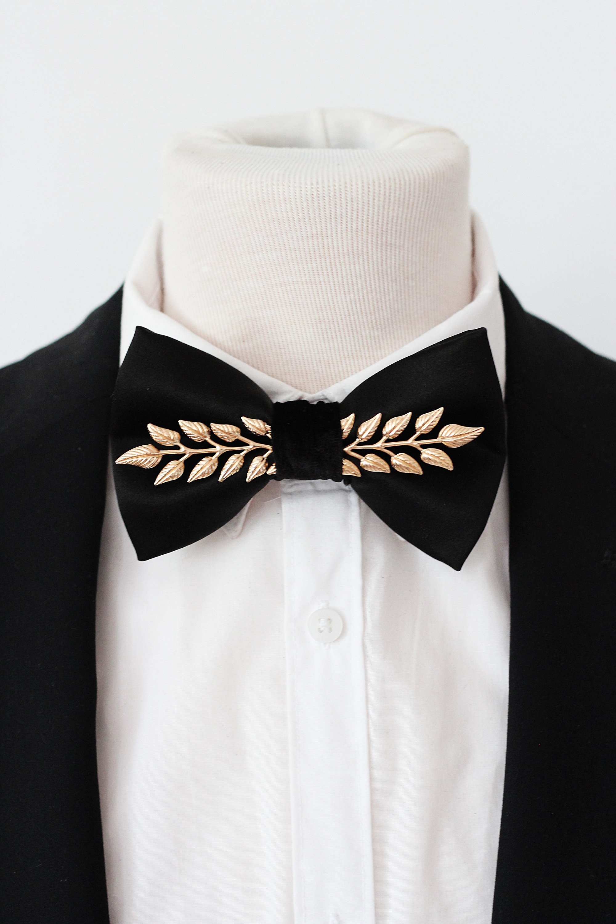 green emerald velvet dress Black and Gold mens bow tie boutonniere set, wedding black gold bowtie,  black satin tuxedo bow tie main image 1