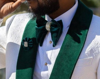 Hunters green velvet butterfly big bow tie lapel pin set,green gold oversized bowties for men, wedding, groom bowtie groomsmen attire