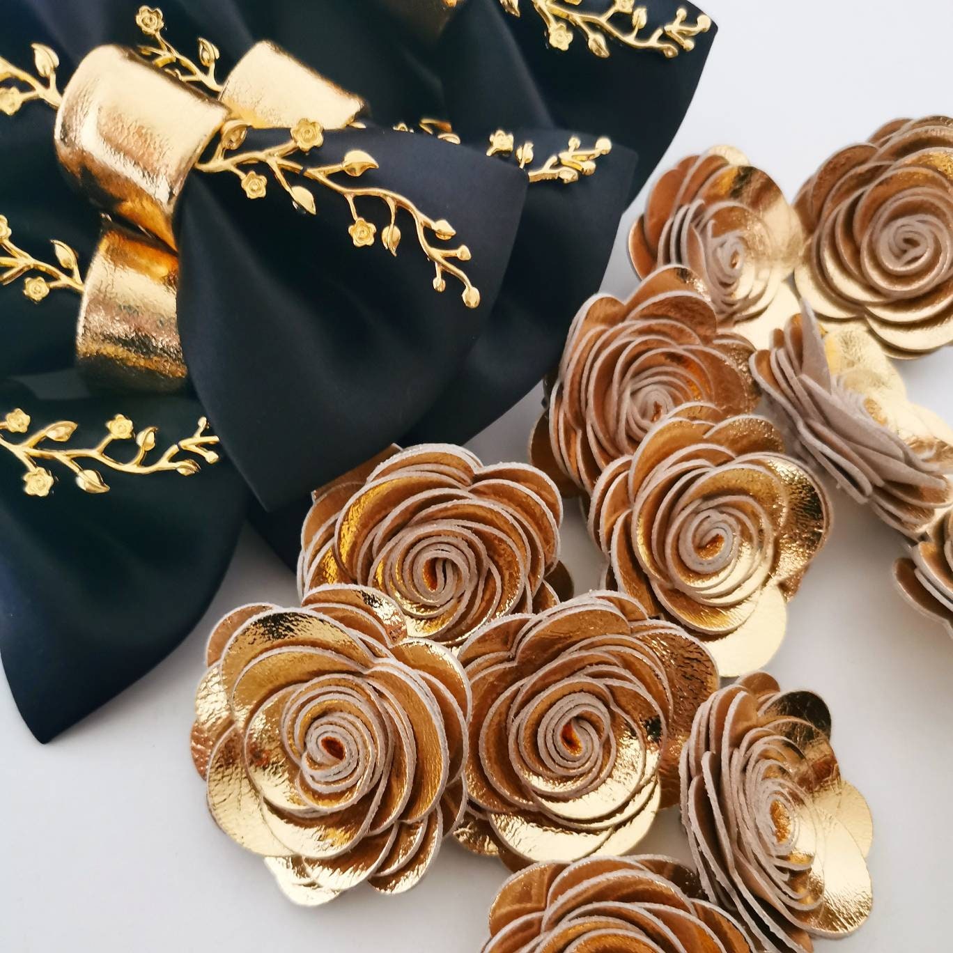 Black Satin Butterfly Bow Tie With Gold Branch, Formal Black Bowties ...