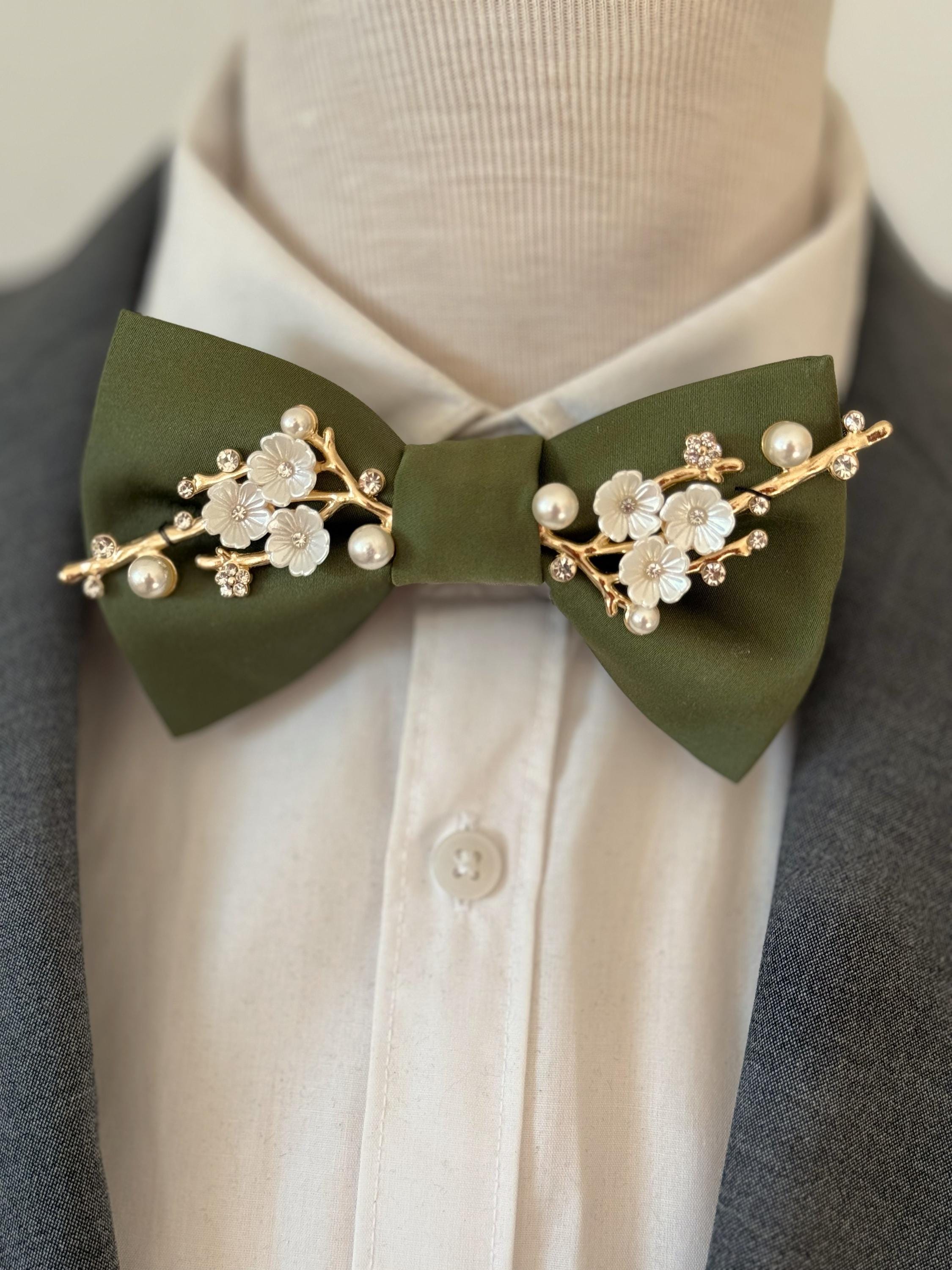 Olive Green Silk Satin Bowtie Floral Branch, Green Gold Formal Bowties ...