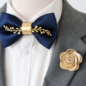 Navy blue bow tie with gold boutnniere, blue satin bowties for men, groomsmen wedding bow tie and gold boutonniere set, satin formal bowtie,