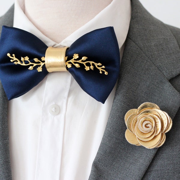 Navy blue bow tie with gold boutnniere, blue satin bowties for men, groomsmen wedding bow tie and gold boutonniere set, satin formal bowtie,