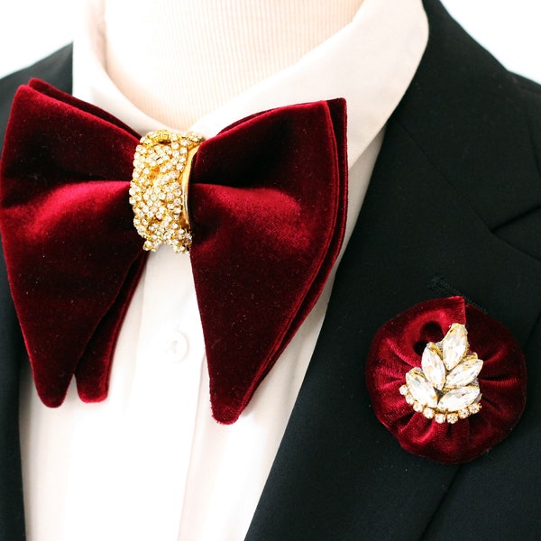 Mens red burgundy velvet suit gold oversized butterfly style Bowtie red bow tie set,groomsmen suit boutonniere,vine red maroon set, gift set