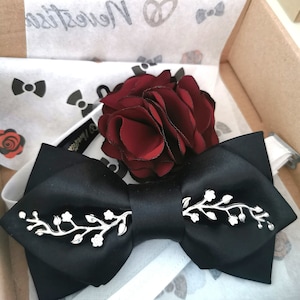 Black pointy bowtie, men&#39;s pointed bow tie, silver branch wedding bow tie, black satin bow tie gift set boys, silk black men bowtie