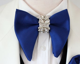 Big royal blue satin butterfly bow tie, lapel flower pin bowties set, wedding groom rhinestone silver boutonniere set, boys oversized bowtie