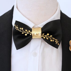 Black satin butterfly bow tie with gold branch, formal black bowties for men bowtie, wedding groom bowtie groomsmen, prom boys boutonniere