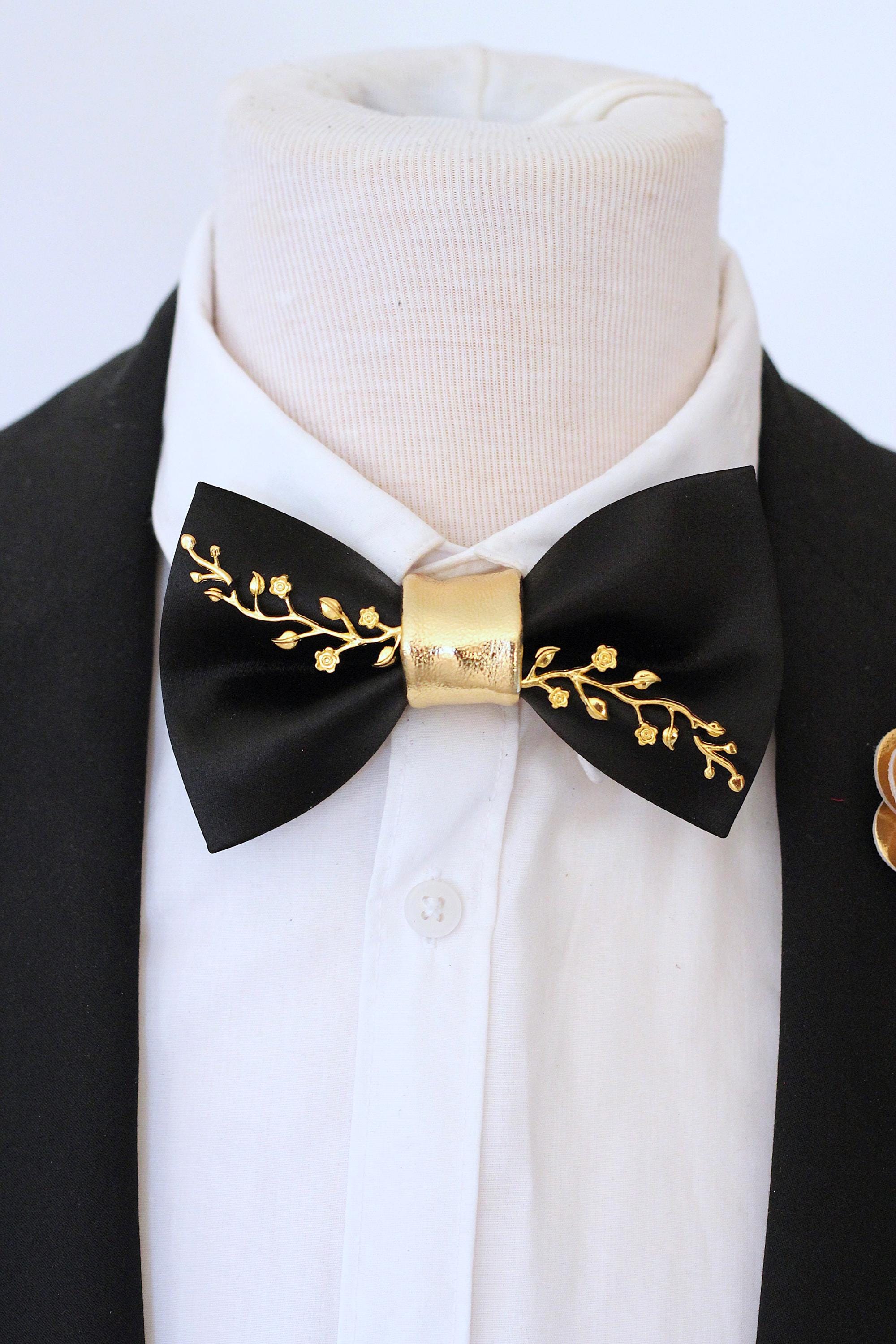 Black Satin Butterfly Bow Tie With Gold Branch, Formal Black Bowties ...