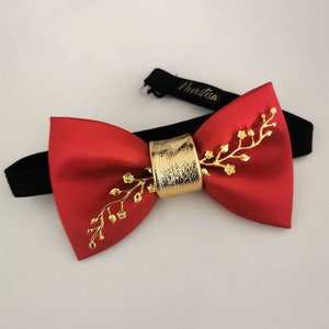 Red Satin Bowtie big bow tie set, groomsmen gold lapel flower boutonniere, vine red bow tie set, wedding groomsmen bowtie, boys prom,